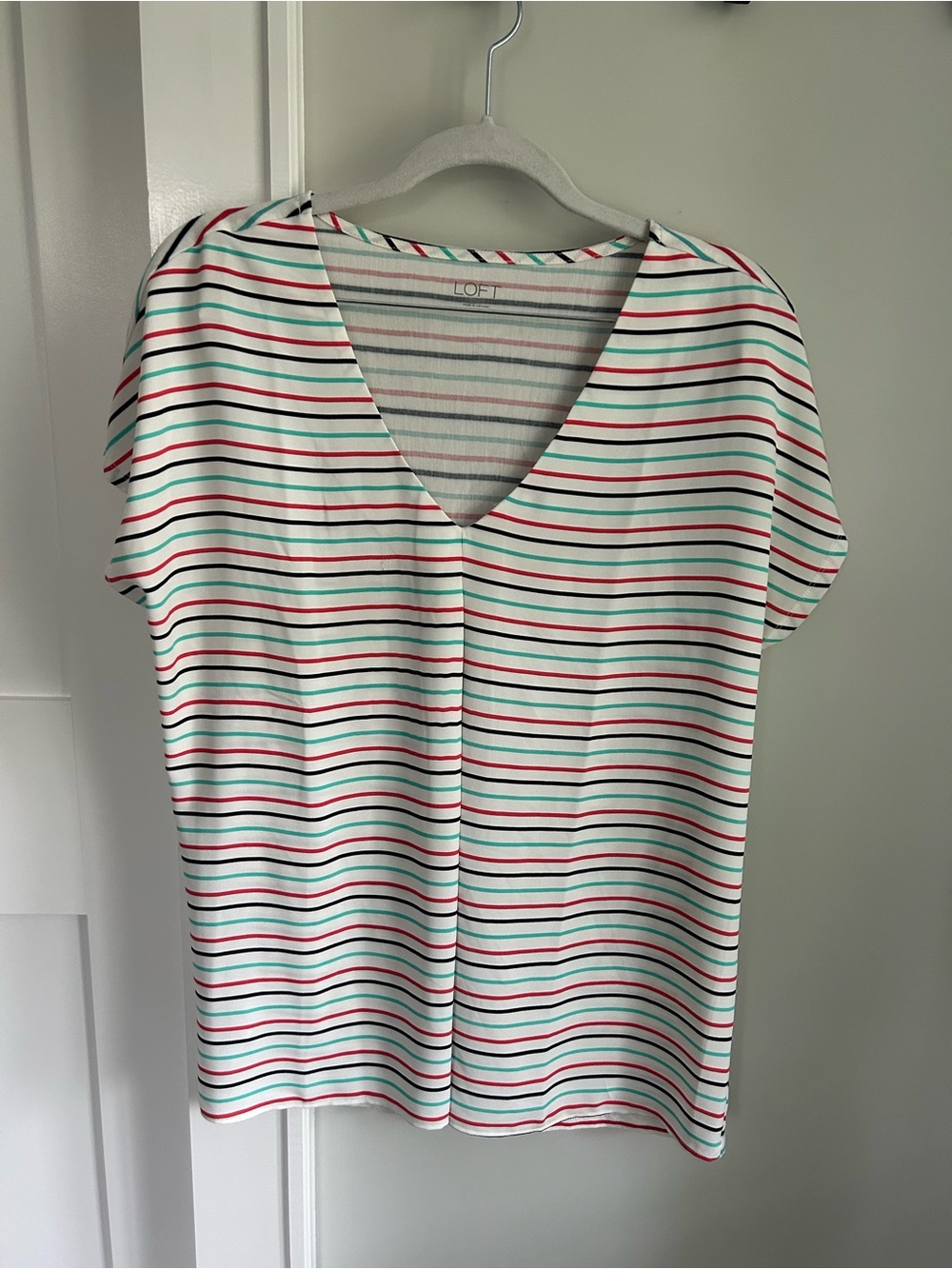 LOFT White V-Neck Short Sleeve Top with Red, Teal, and Black Stripes